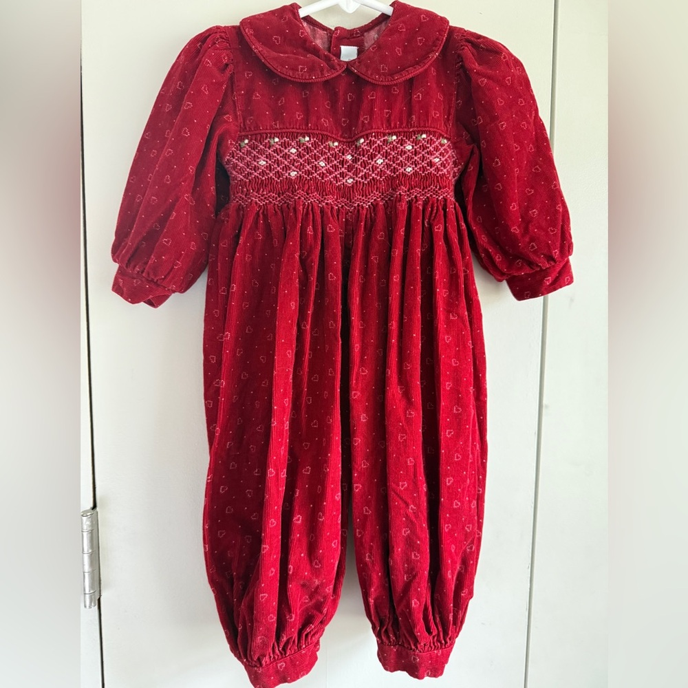 2. Vintage 90s Lord & Taylor Small Creations Red Corduroy Smocked Romper, 12 mo